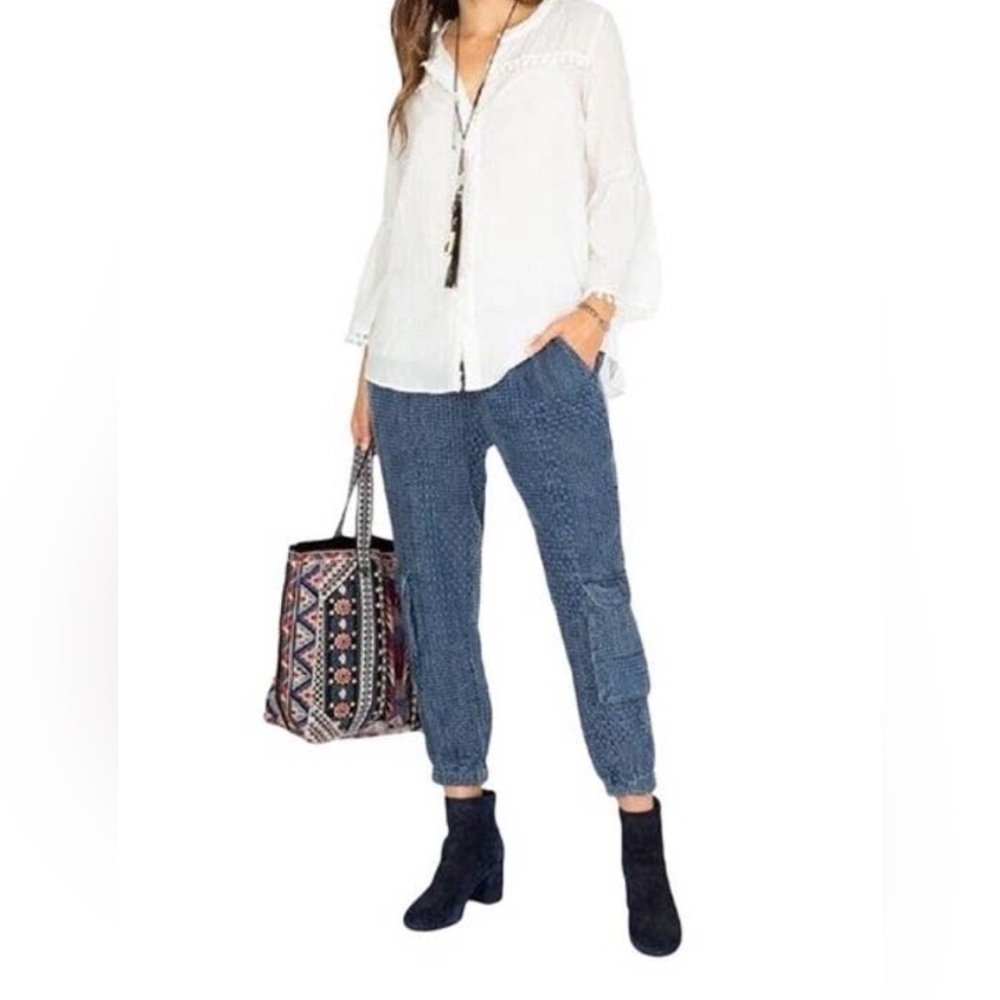 Johnny Was Sana Denim Jogger Embroidered Blue Cropped Loose Baggy Pants